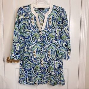 FOXCROFT Thin Comfy Cotton Blouse 3/4 Sleeve Wrinkle Free Paisley Blue G…